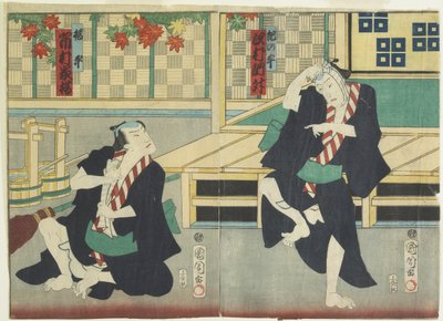 Sawamura Tossho II als Kinohei en Ichimura Kakitsu I als Kippei, mei 1865 door Toyohara Kunichika